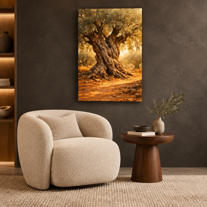 Ancient olive tree canvas beside an ivory chair in a charcoal reading lounge - Portugal Canvas Co