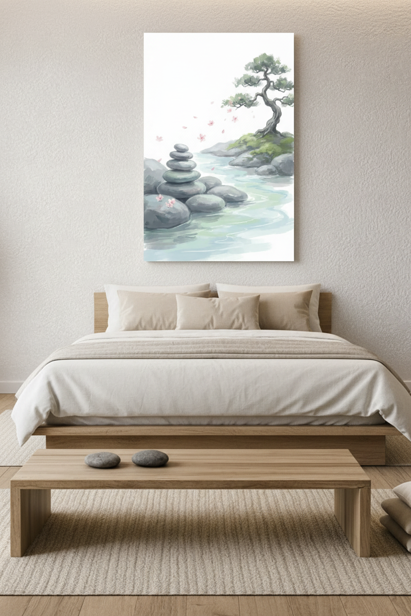 Zen stacked stones bonsai tree river cherry blossom watercolor canvas wall art above a Japanese-style platform bed in a serene minimalist bedroom - Portugal Canvas Co
