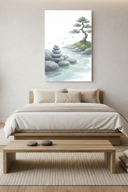 Zen stacked stones bonsai tree river cherry blossom watercolor canvas wall art above a Japanese-style platform bed in a serene minimalist bedroom - Portugal Canvas Co
