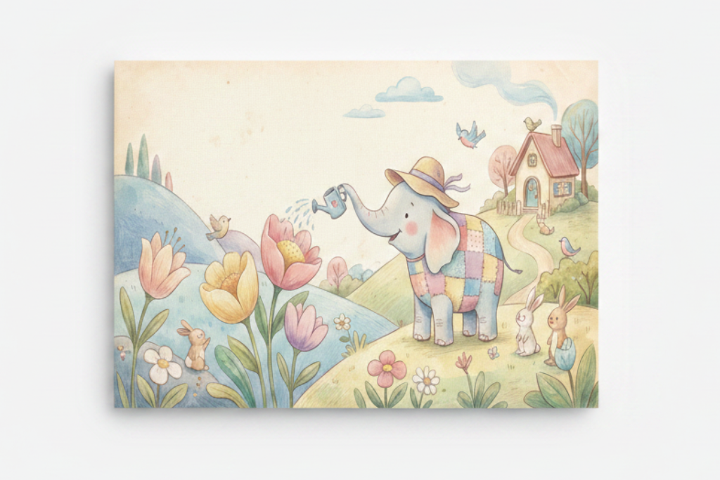 Whimsical elephant nursery canvas print flat lay on white background, top-down overhead view, no frame - Portugal Canvas Co