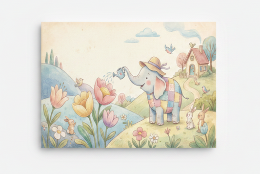 Whimsical elephant nursery canvas print flat lay on white background, top-down overhead view, no frame - Portugal Canvas Co