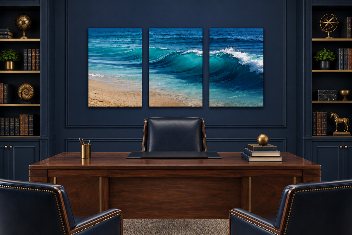 Ocean Wave three-panel wall art in a navy and walnut executive study with even lighting - Portugal Canvas Co