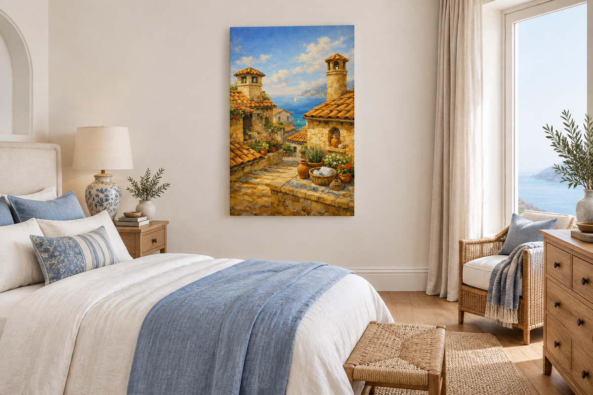Portrait Mediterranean village canvas with terracotta rooftops and sea view in an airy coastal bedroom - Portugal Canvas Co