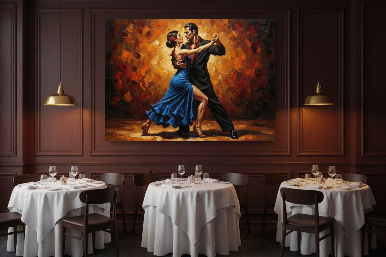 Blue dress tango couples dance canvas wall art on a burgundy wall in a sophisticated fine dining restaurant with white tablecloths - Portugal Canvas Co