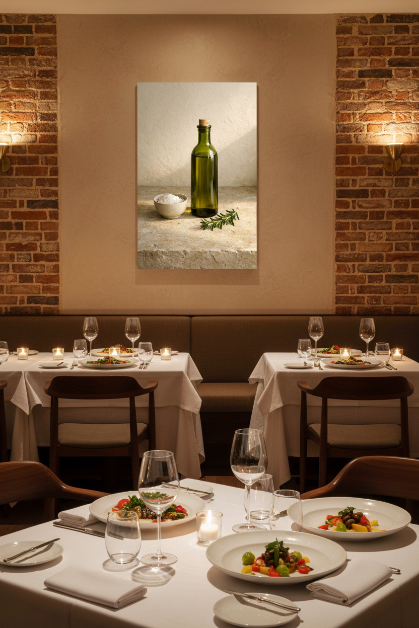Olive oil bottle rosemary still life canvas wall art displayed in an upscale Mediterranean restaurant dining room - Portugal Canvas Co
