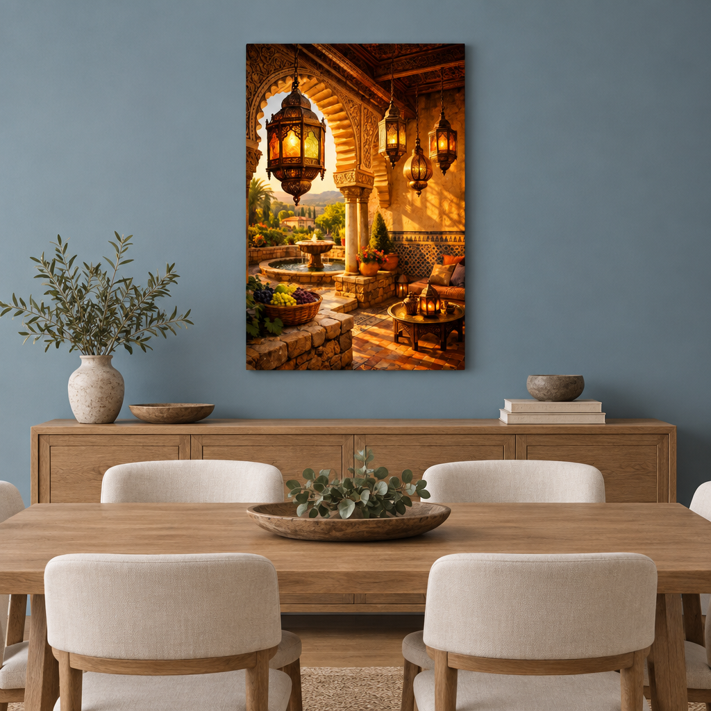 Ornate archway and glowing lantern courtyard canvas wall art in a dusty blue dining room - Portugal Canvas Co