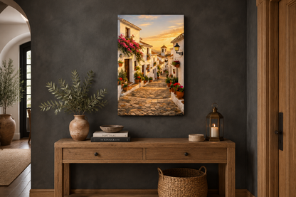 Whitewashed village cobbled street canvas wall art above an oak console in a charcoal limewash hallway - Portugal Canvas Co