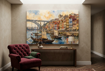 Porto Ribeira waterfront and boats canvas in a hotel sitting area with a burgundy armchair - Portugal Canvas Co