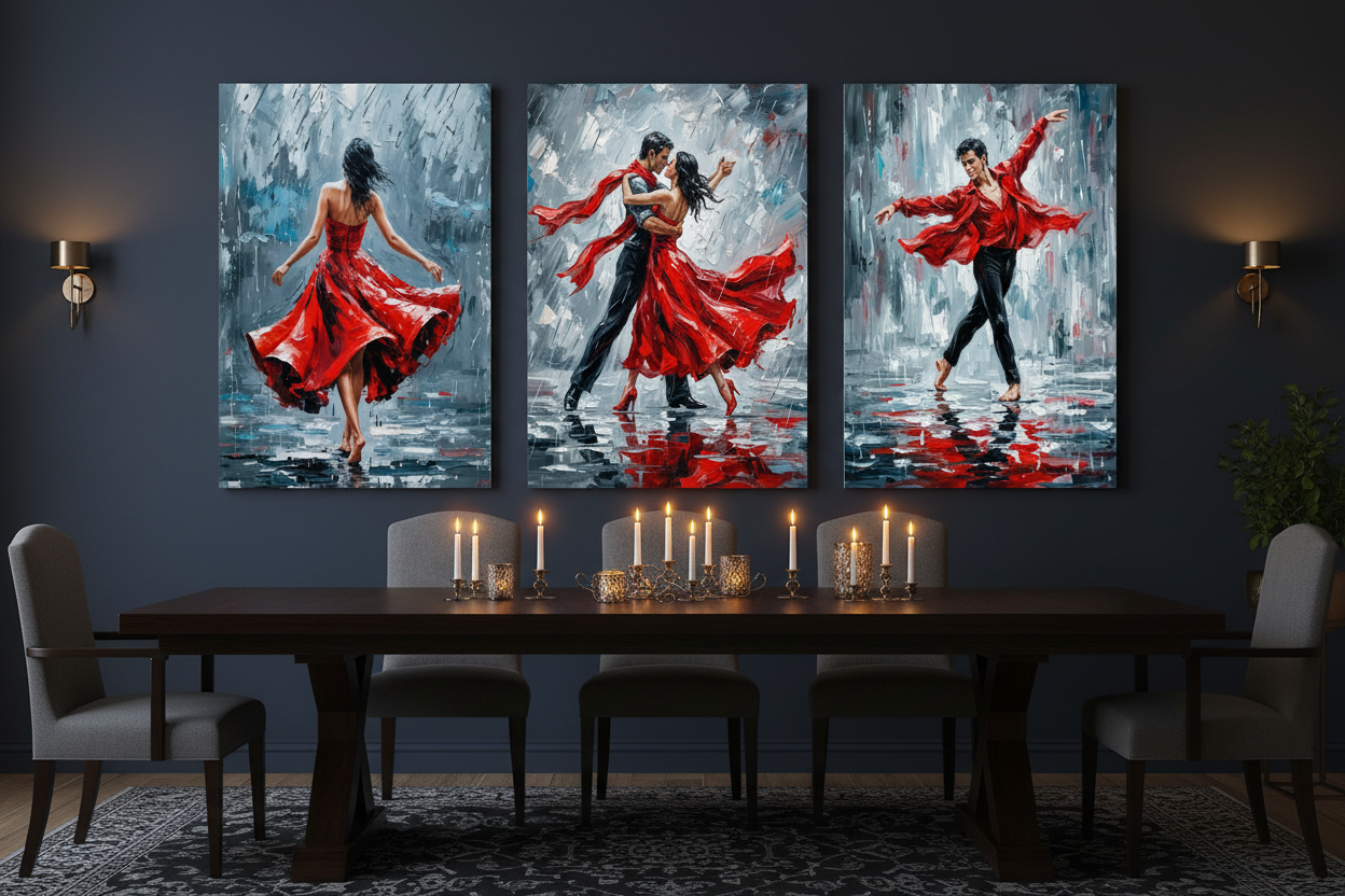 Expressive dance triptych red dress movement three panel canvas wall art on a navy wall in a moody dining room with candlelight - Portugal Canvas Co