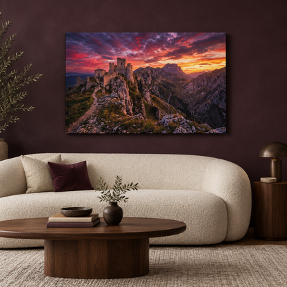 Mountain castle sunset canvas displayed above a cream sofa in an aubergine luxury living room - Portugal Canvas Co
