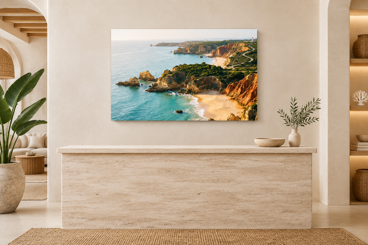 Algarve turquoise water and golden beach canvas above pale stone reception in beach club - Portugal Canvas Co