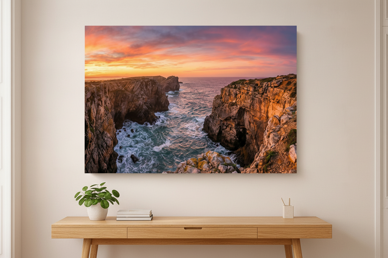 Portuguese coastal cliffs dramatic rock arch sunset canvas wall art displayed above a wooden desk in a warm minimalist home study - Portugal Canvas Co