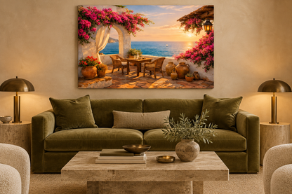 Bougainvillea seaside terrace landscape canvas in a luxury hotel lounge with olive velvet seating - Portugal Canvas Co