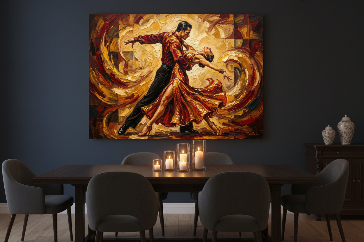 Dynamic swirling tango couples dance canvas wall art on a dark navy wall in a moody dining room with candlelight - Portugal Canvas Co