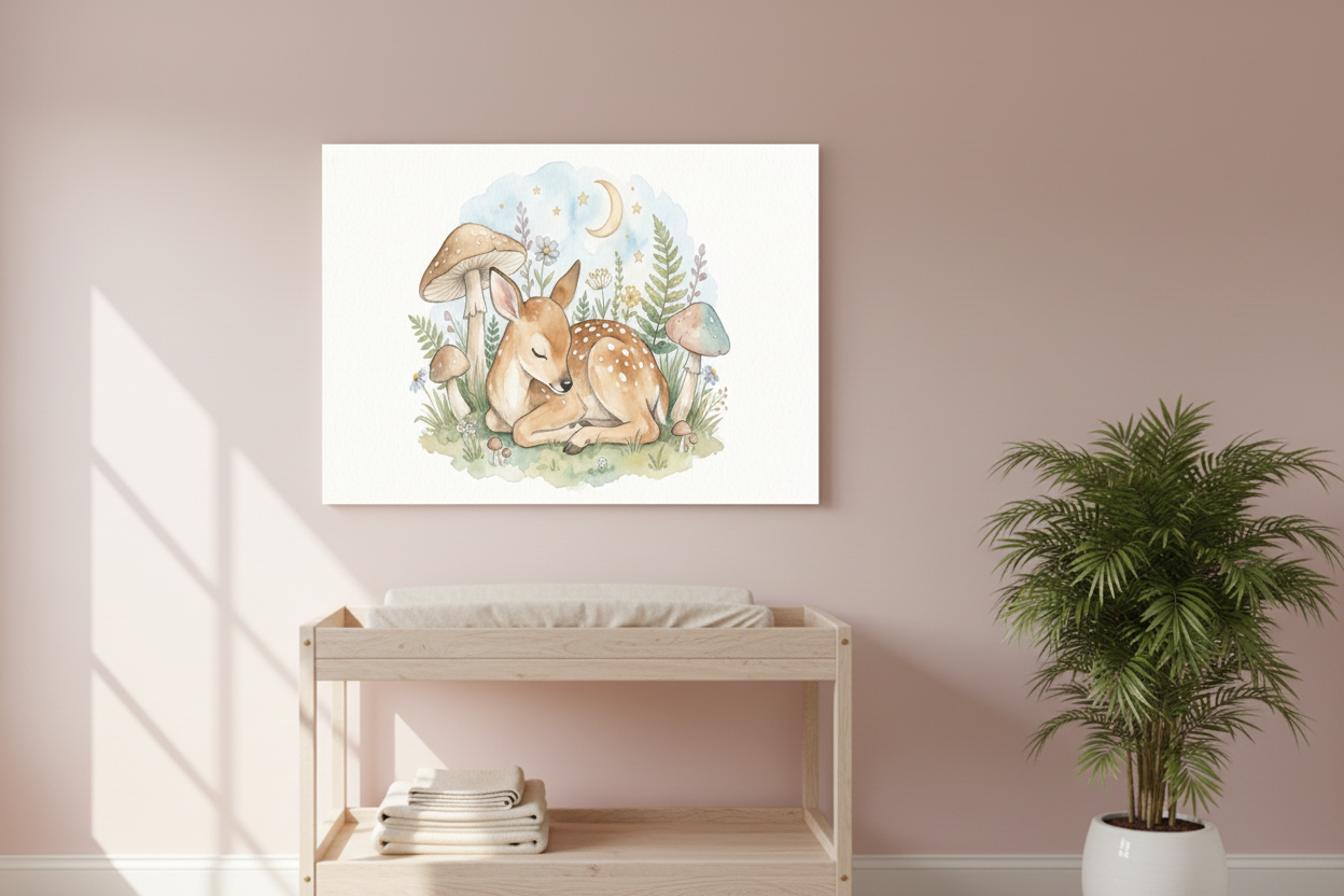 Sleeping baby fawn nursery canvas wall art on a pastel pink nursery wall above a changing table - Portugal Canvas Co