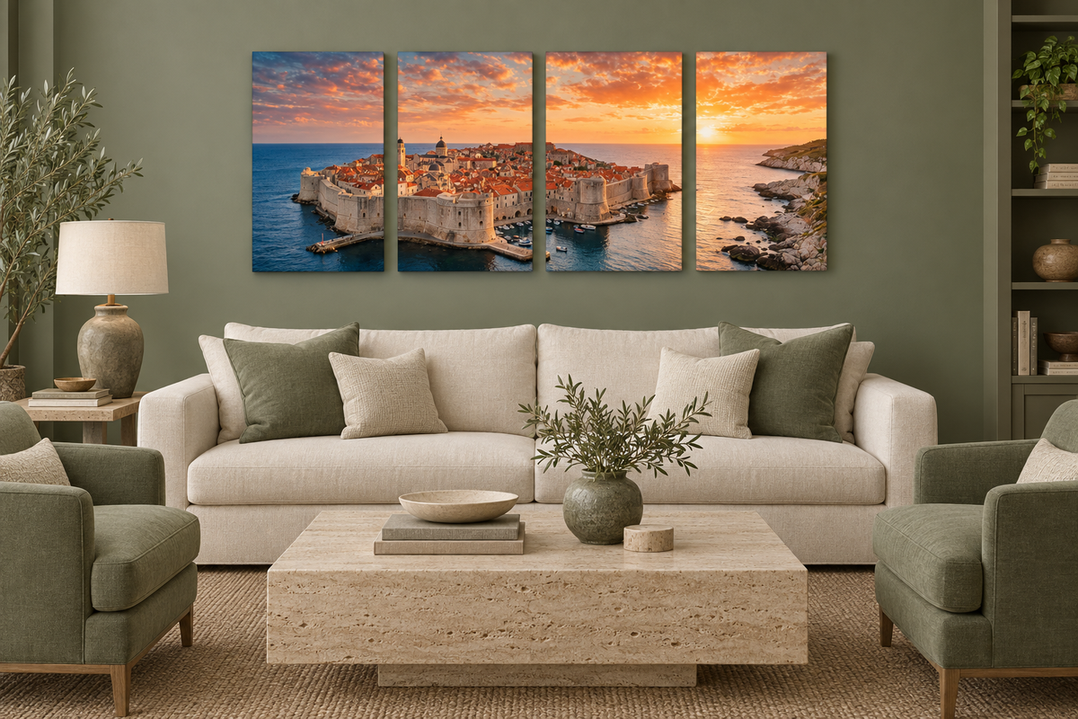 Dubrovnik Sunset four-panel canvas in a softly lit sage green and travertine lounge - Portugal Canvas Co