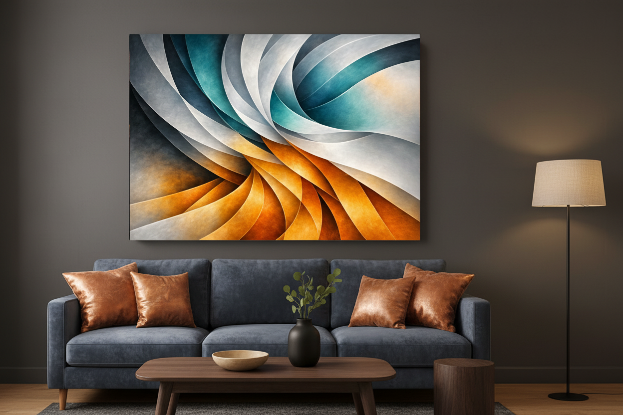 Vibrant swirl abstract canvas wall art displayed on charcoal grey wall above dark velvet sofa in moody sophisticated living room - Portugal Canvas Co