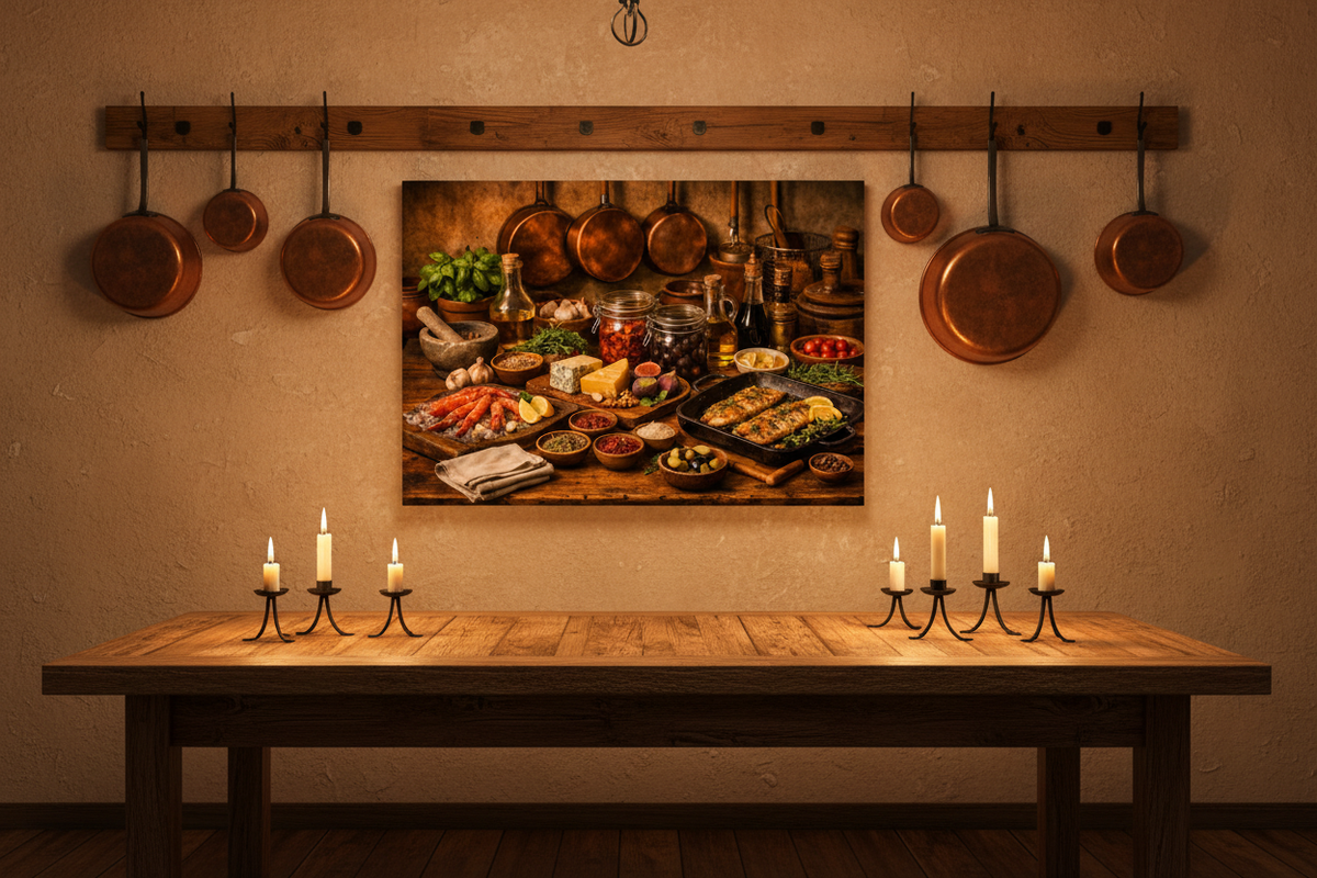 Mediterranean seafood and fish still life canvas wall art above rustic farmhouse kitchen dining table with copper pans and candlelight - Portugal Canvas Co