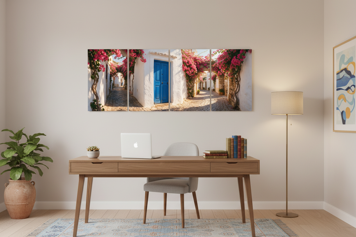 Four-panel Albufeira Old Town canvas wall art in a bright home study - Portugal Canvas Co