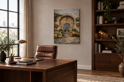 Portrait courtyard fountain canvas with blue mosaic arch above a walnut desk in a luxury home office - Portugal Canvas Co