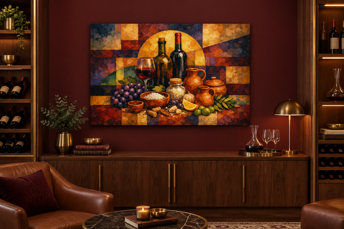 Grapes and wine harvest still life gallery-wrapped canvas in a burgundy wine lounge - Portugal Canvas Co