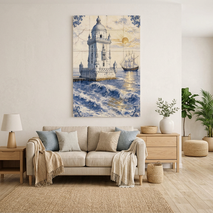 Belem Tower Portuguese azulejo-style canvas with ocean waves and sailing ship in a coastal neutral living room - Portugal Canvas Co