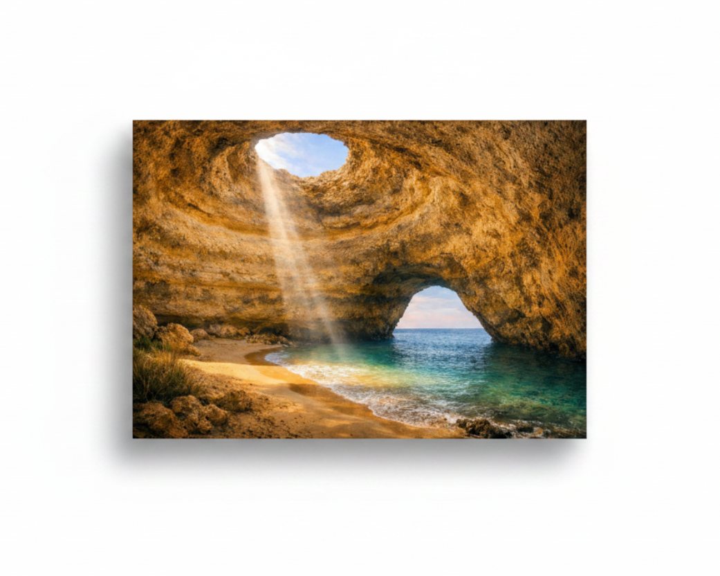 Benagil Cave interior with sunlight beam and turquoise sea arch canvas wall art on white background - Portugal Canvas Co