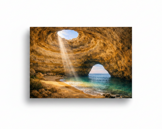 Benagil Cave interior with sunlight beam and turquoise sea arch canvas wall art on white background - Portugal Canvas Co