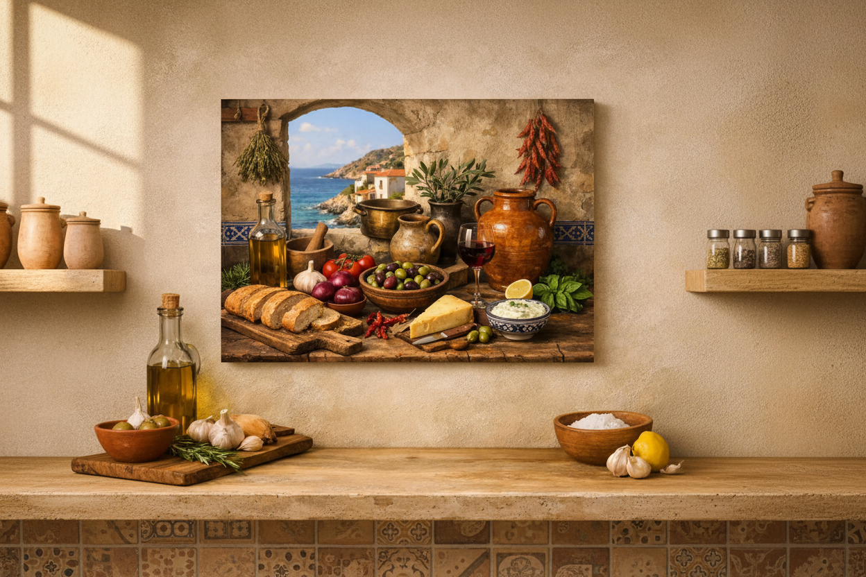 Mediterranean kitchen still life canvas wall art displayed in a warm rustic kitchen - Portugal Canvas Co