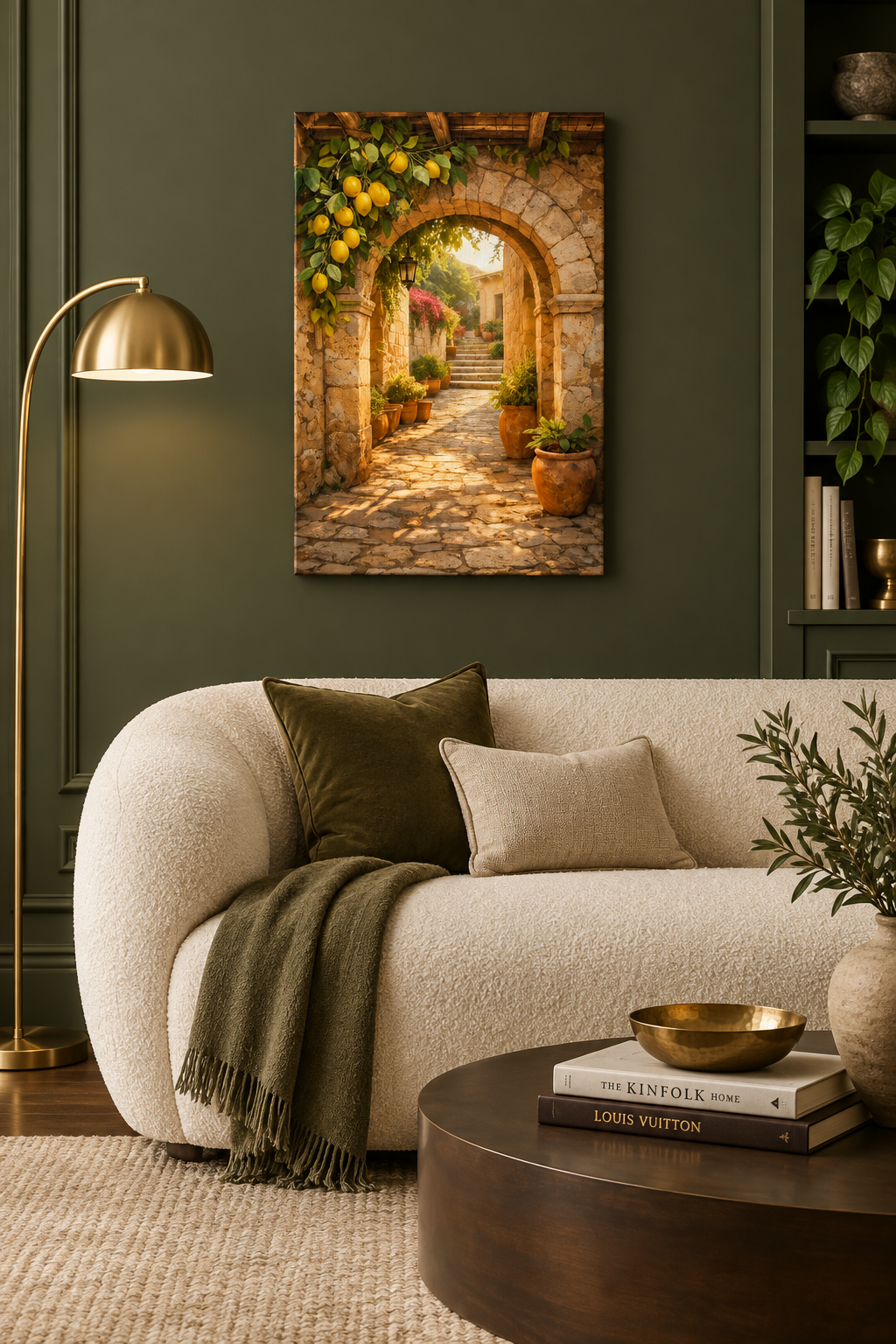Sunlit stone archway with hanging lemons canvas print in an olive green luxury living room - Portugal Canvas Co