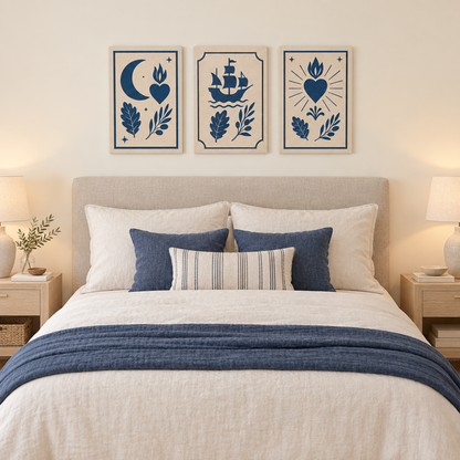 Three-panel Portuguese navy folk art canvas above a cream guest bedroom bed - Portugal Canvas Co
