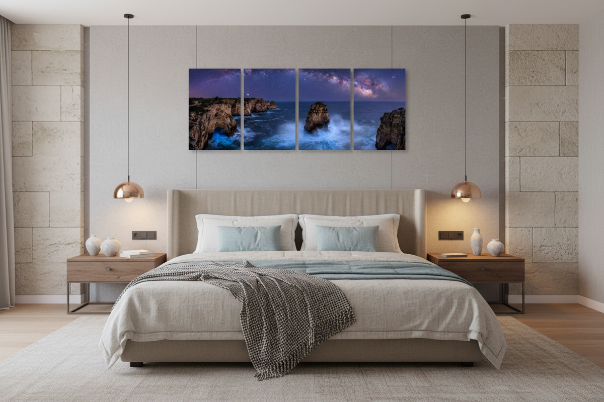 Four-panel Algarve coast at night gallery-wrapped canvas set above a king bed in a luxury boutique hotel bedroom - Portugal Canvas Co