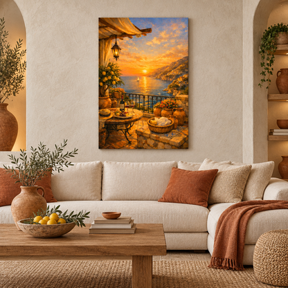 Mediterranean sunset terrace canvas above a cream sofa with terracotta accents - Portugal Canvas Co