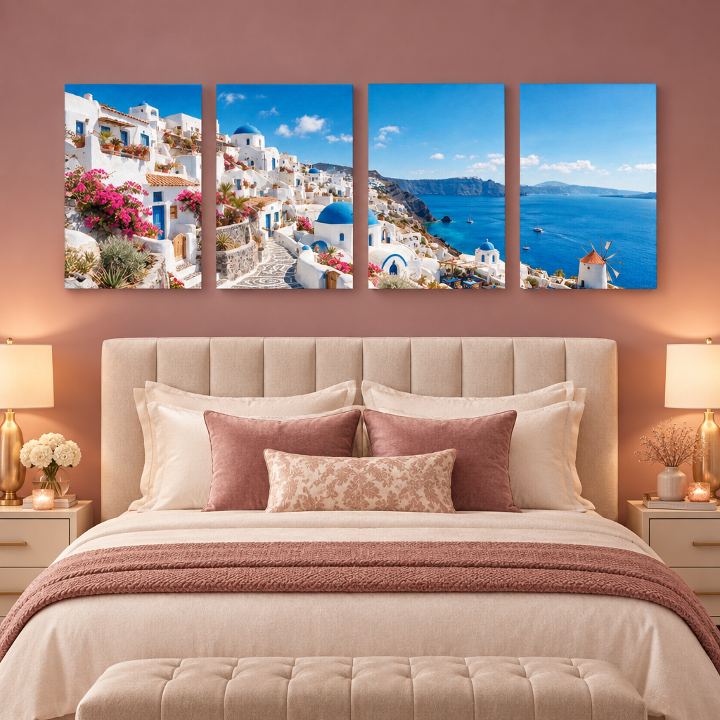 Santorini in Bloom four-panel canvas set above an ivory bed in a dusty rose bedroom - Portugal Canvas Co