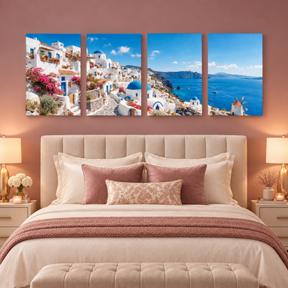 Santorini in Bloom four-panel canvas set above an ivory bed in a dusty rose bedroom - Portugal Canvas Co