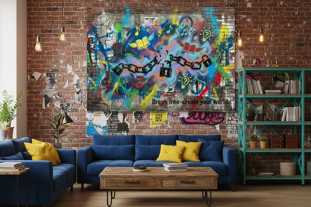 Break Free Create Your World graffiti canvas print displayed in a vibrant urban loft living room with exposed brick and industrial lighting - Portugal Canvas Co