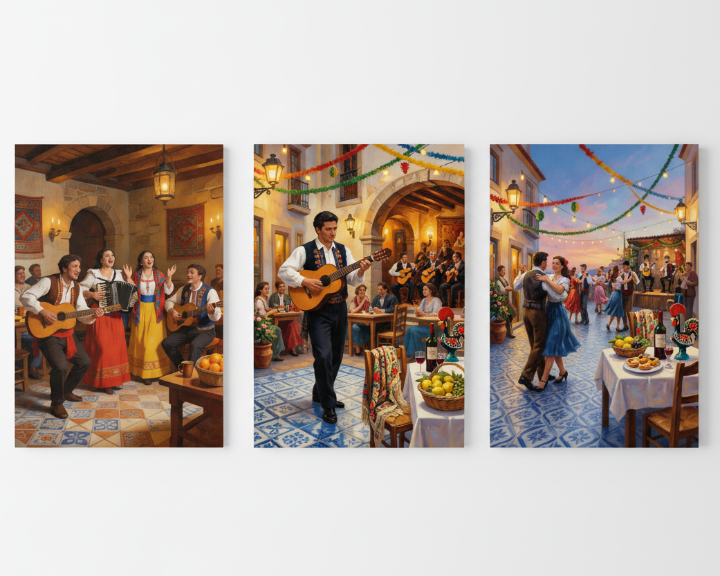 Portuguese festa cultural celebration triptych canvas wall art set flat lay on white background - Portugal Canvas Co
