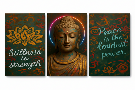 Buddha meditation peace stillness triptych canvas set flat lay on white background - Portugal Canvas Co
