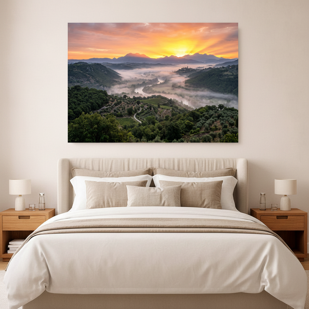 Mediterranean golden valley sunrise misty countryside landscape canvas wall art displayed in bedroom interior - Portugal Canvas Co