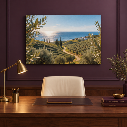 Mediterranean olive grove coastal landscape canvas above a walnut desk in an aubergine office - Portugal Canvas Co