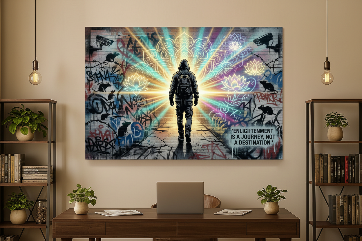 Enlightenment Is A Journey Not A Destination graffiti canvas print displayed in a stylish urban home office with dark wood desk and Edison bulb lighting - Portugal Canvas Co
