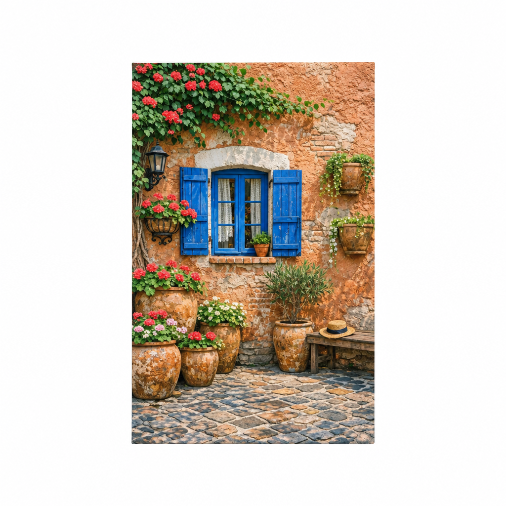 Portrait canvas print of a terracotta courtyard with blue shutters and red flowers on a pure white background - Portugal Canvas Co