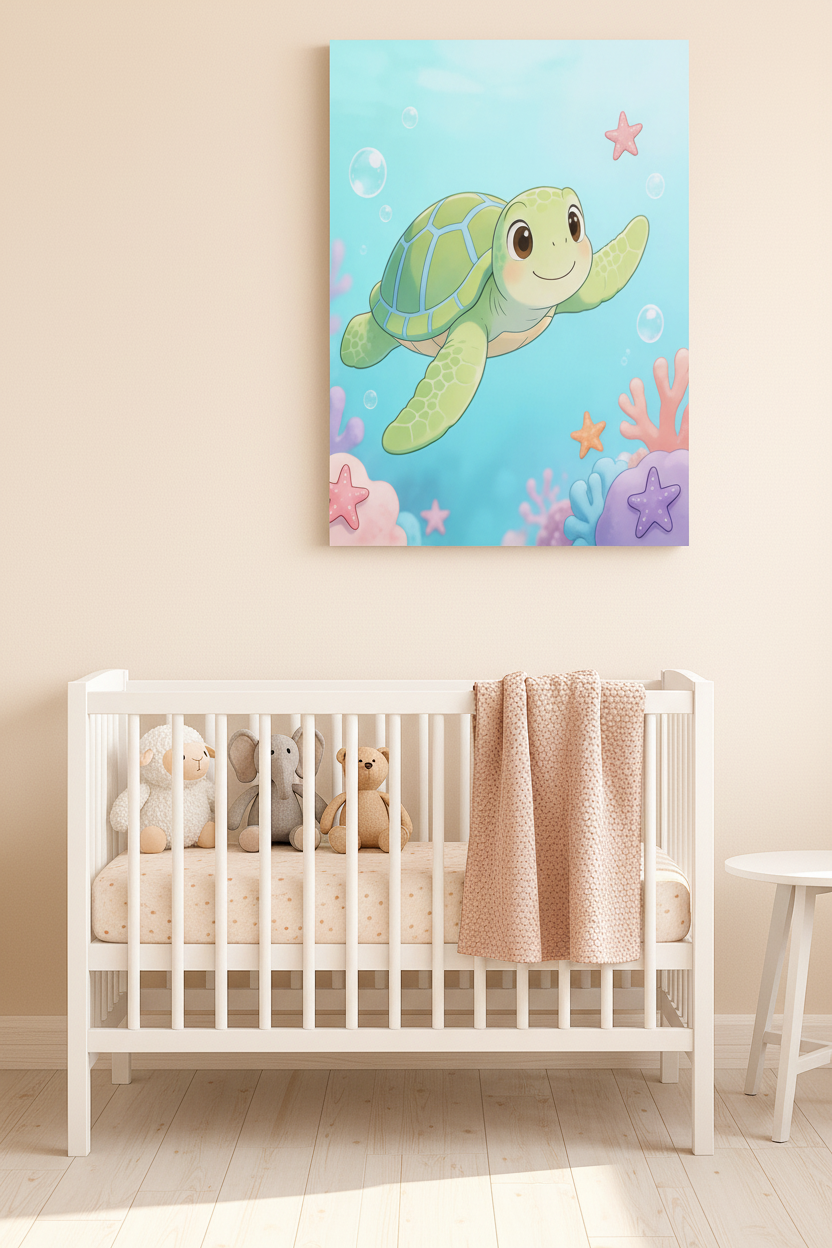 Cute baby sea turtle nursery canvas wall art displayed above a white crib in a Scandinavian nursery - Portugal Canvas Co