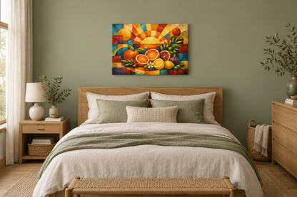 Citrus Sunrise geometric fruit gallery-wrapped canvas above an oak bed in a sage bedroom - Portugal Canvas Co