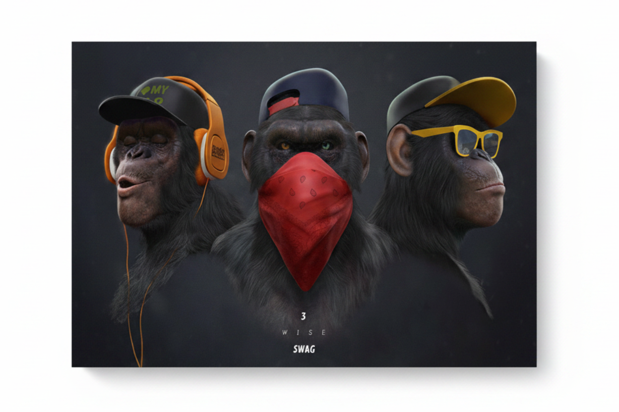 3 Wise Swag canvas wall art three cool chimpanzees with orange headphones red bandana and yellow sunglasses on dark background flat lay on white background - Portugal Canvas Co