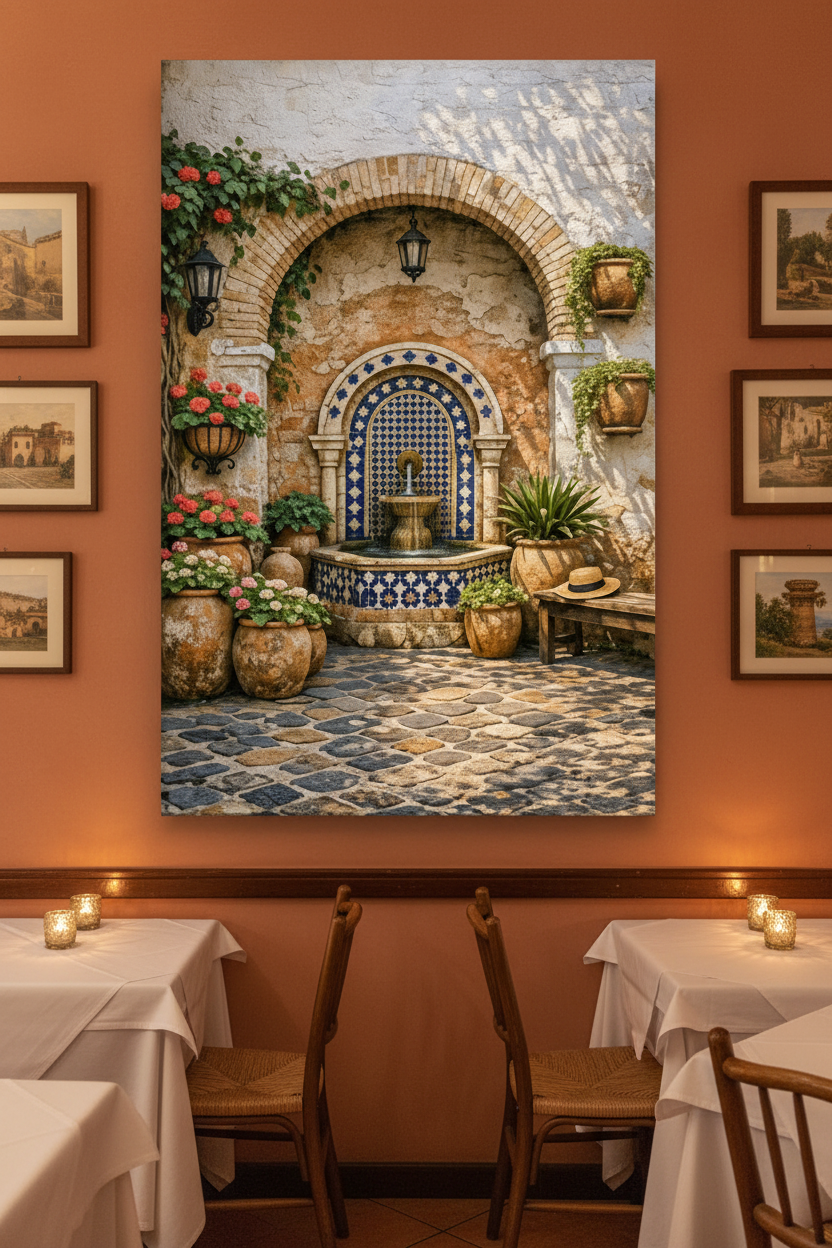 Mediterranean courtyard fountain canvas wall art displayed on a terracotta wall in a Mediterranean restaurant with rattan chairs and warm candlelight - Portugal Canvas Co