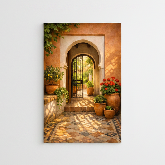Mediterranean courtyard with iron gate canvas wall art on white background - Portugal Canvas Co