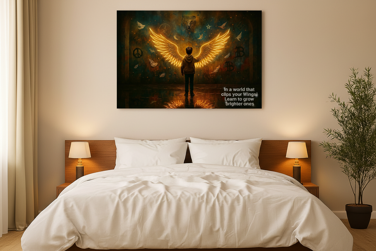 In a World That Clips Your Wings motivational canvas wall art with child, glowing golden angel wings and doves displayed above a bed in a moody modern bedroom - Portugal Canvas Co

