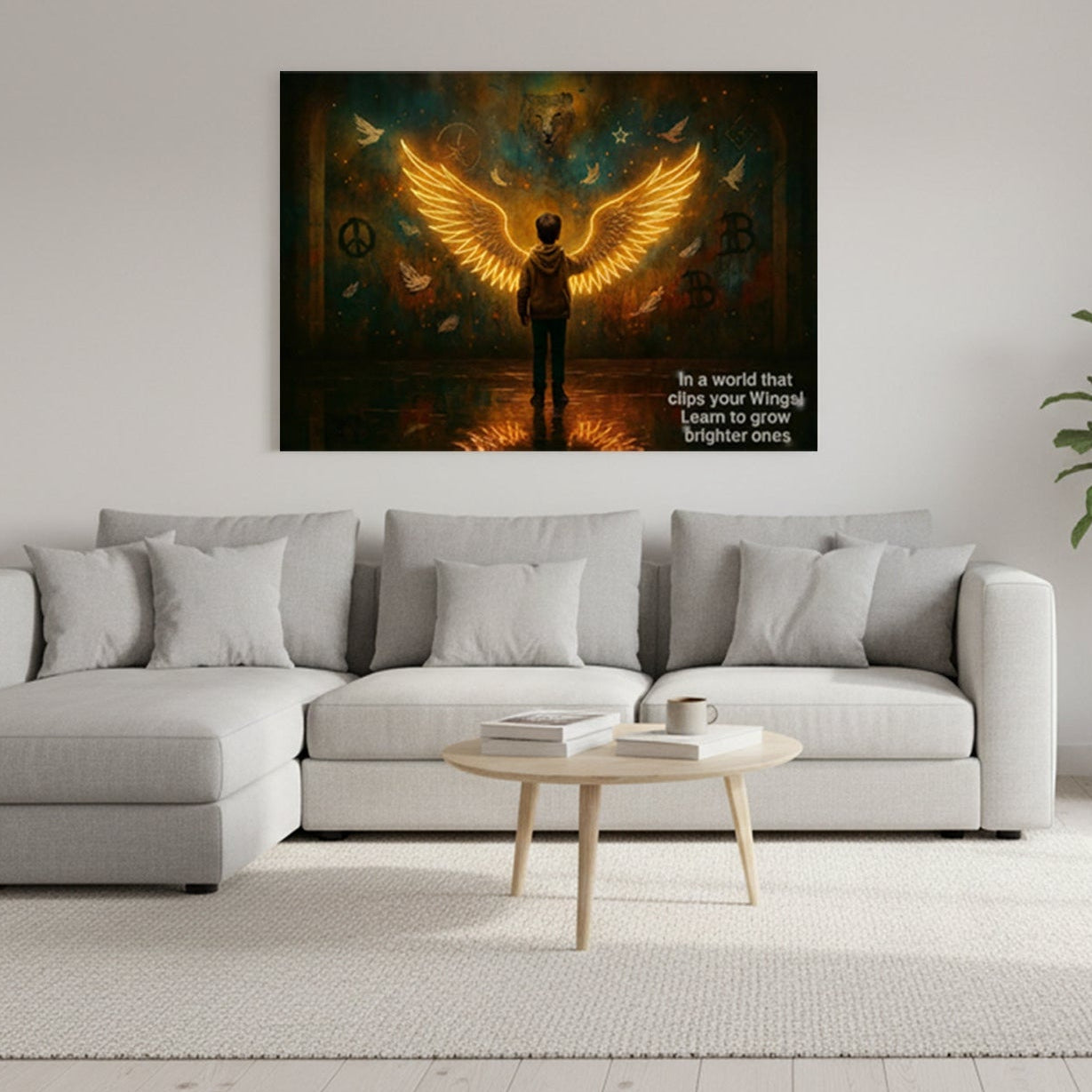In a World That Clips Your Wings motivational canvas wall art with child, glowing golden angel wings and doves displayed above a sofa in a bright modern living room - Portugal Canvas Co


