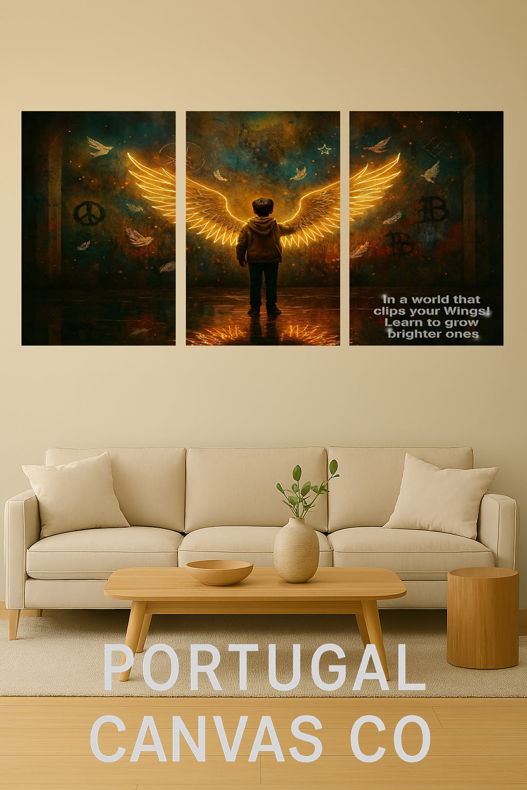 Inspirational Wings Artwork – Triptych Canvas with Quote, Spiritual Wall Decor for Home or Office